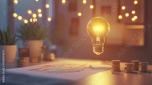 Coin and Light bulb shining over a graph, idea and business growth, 3D illustration.