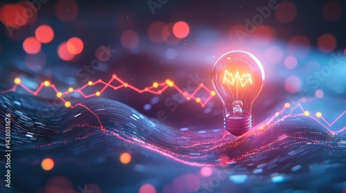 Obraz na płótnie Coin and Light bulb shining over a graph, idea and business growth, 3D illustration. w salonie