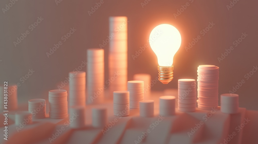 Coin and Light bulb shining over a graph, idea and business growth, 3D illustration.