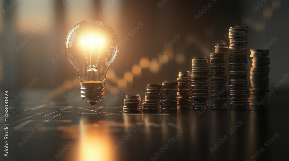 Coin and Light bulb shining over a graph, idea and business growth, 3D illustration.