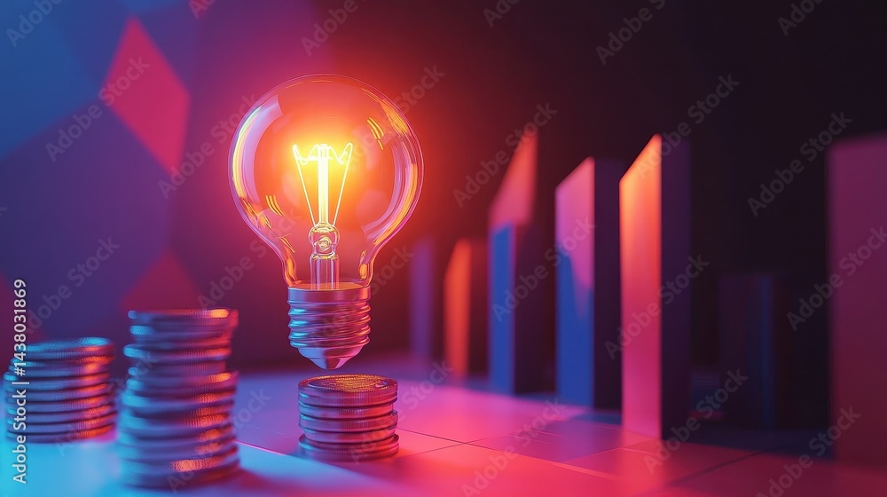 Coin and Light bulb shining over a graph, idea and business growth, 3D illustration.