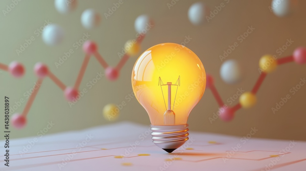 Coin and Light bulb shining over a graph, idea and business growth, 3D illustration.