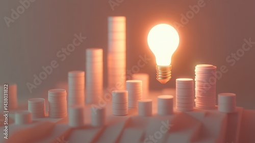 Coin and Light bulb shining over a graph, idea and business growth, 3D illustration.