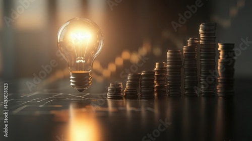 Obraz na płótnie Coin and Light bulb shining over a graph, idea and business growth, 3D illustration. w salonie