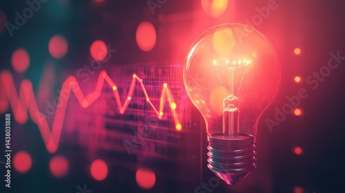 Obraz na płótnie Coin and Light bulb shining over a graph, idea and business growth, 3D illustration. w salonie