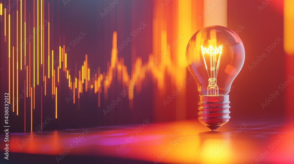 Coin and Light bulb shining over a graph, idea and business growth, 3D illustration.