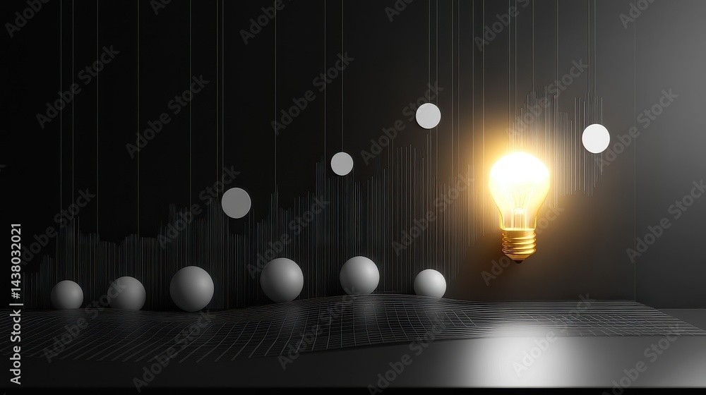 Coin and Light bulb shining over a graph, idea and business growth, 3D illustration.