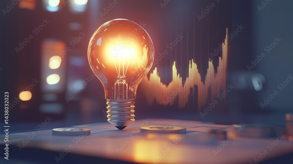Coin and Light bulb shining over a graph, idea and business growth, 3D illustration.