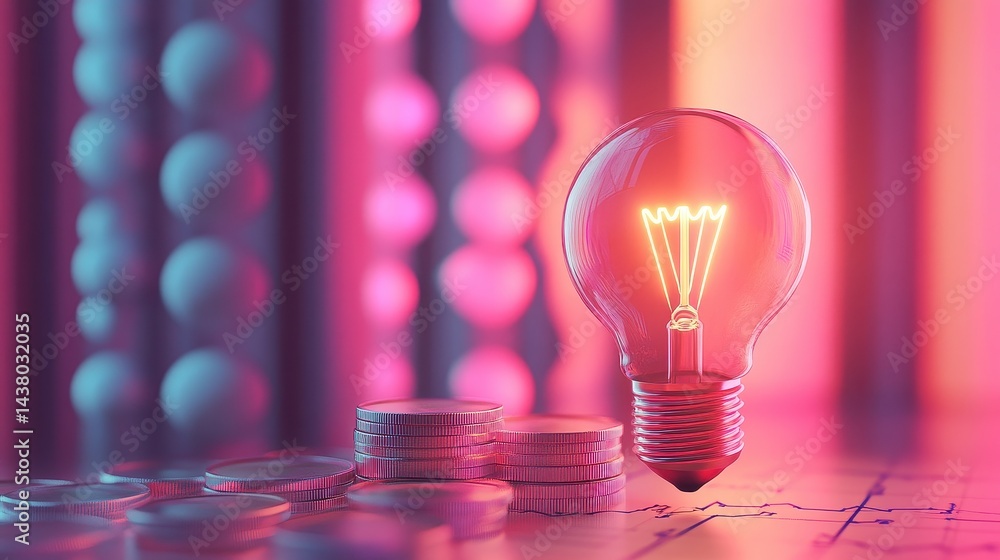 Coin and Light bulb shining over a graph, idea and business growth, 3D illustration.