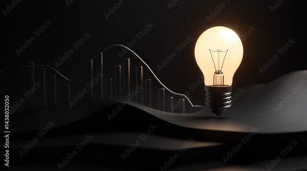 Coin and Light bulb shining over a graph, idea and business growth, 3D illustration.