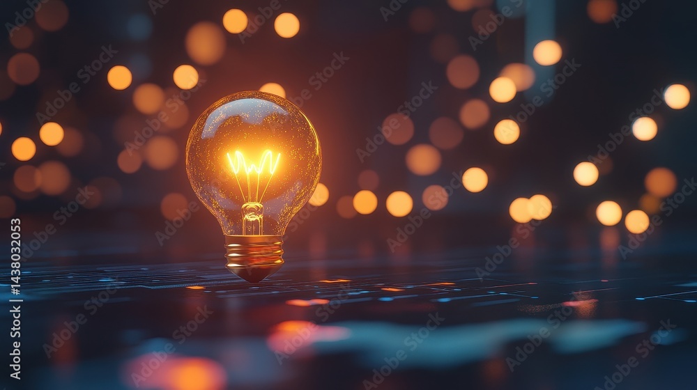 Coin and Light bulb shining over a graph, idea and business growth, 3D illustration.