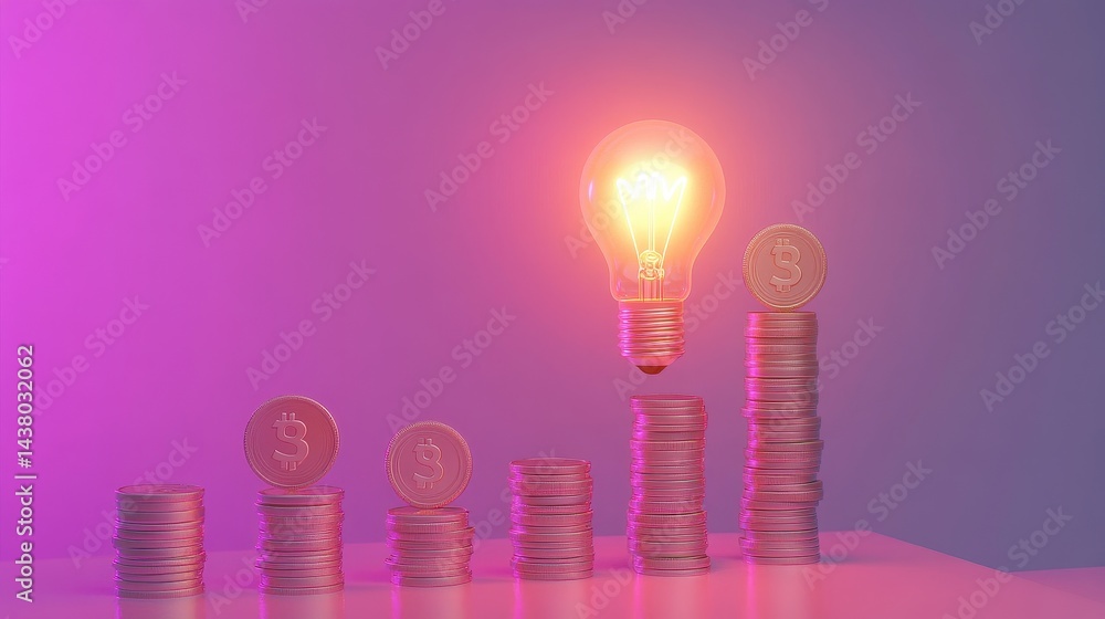 Coin and Light bulb shining over a graph, idea and business growth, 3D illustration.