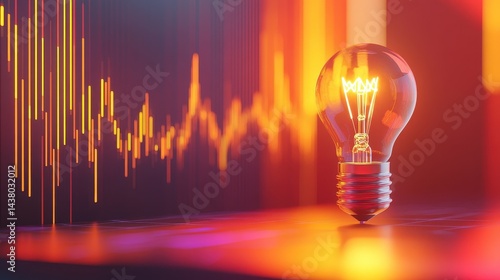 Obraz na płótnie Coin and Light bulb shining over a graph, idea and business growth, 3D illustration. w salonie