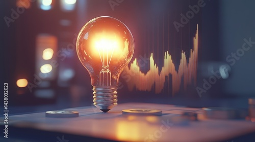Obraz na płótnie Coin and Light bulb shining over a graph, idea and business growth, 3D illustration. w salonie