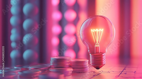 Obraz na płótnie Coin and Light bulb shining over a graph, idea and business growth, 3D illustration. w salonie
