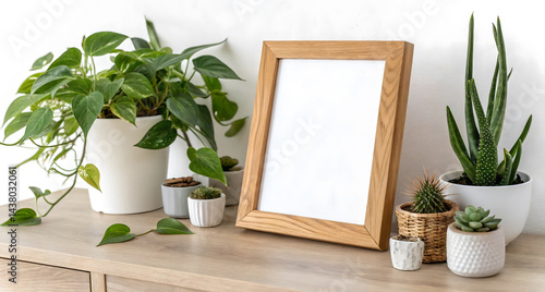 Wooden picture frame on a shelf with cactus