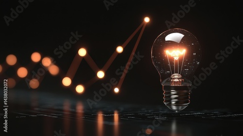 Obraz na płótnie Coin and Light bulb shining over a graph, idea and business growth, 3D illustration. w salonie