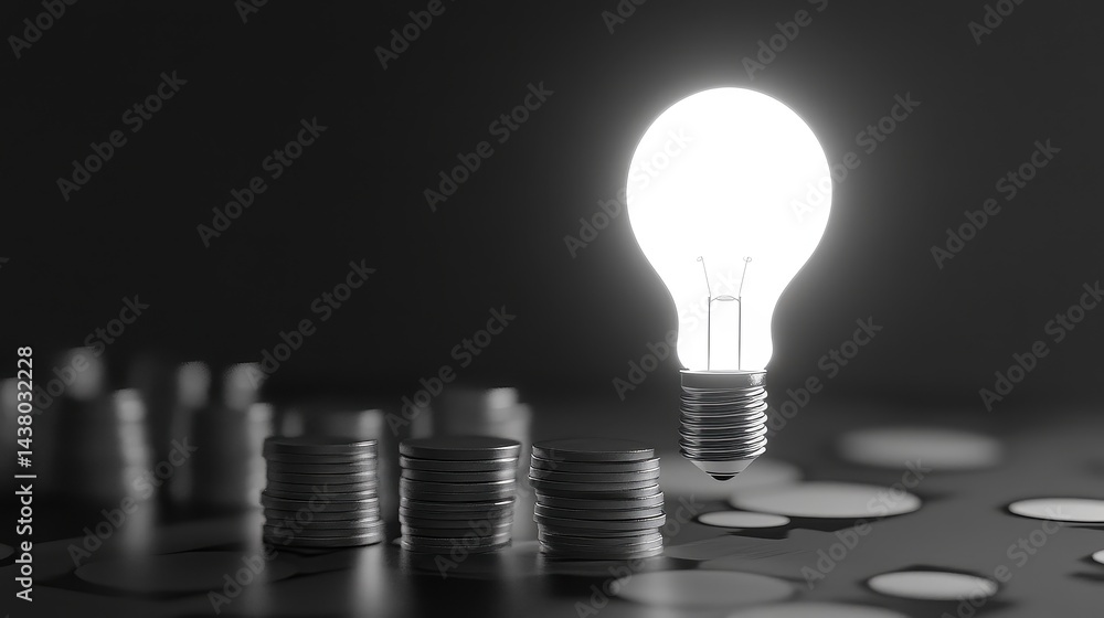 Coin and Light bulb shining over a graph, idea and business growth, 3D illustration.