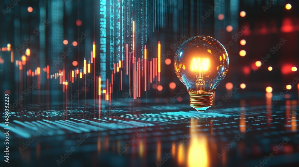 Coin and Light bulb shining over a graph, idea and business growth, 3D illustration.