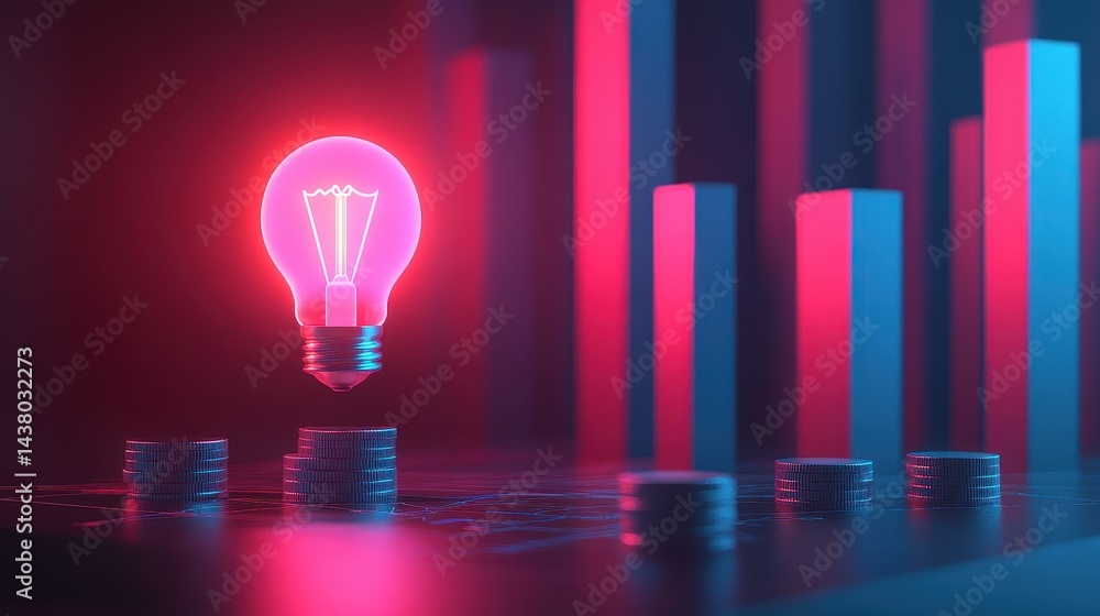 Coin and Light bulb shining over a graph, idea and business growth, 3D illustration.