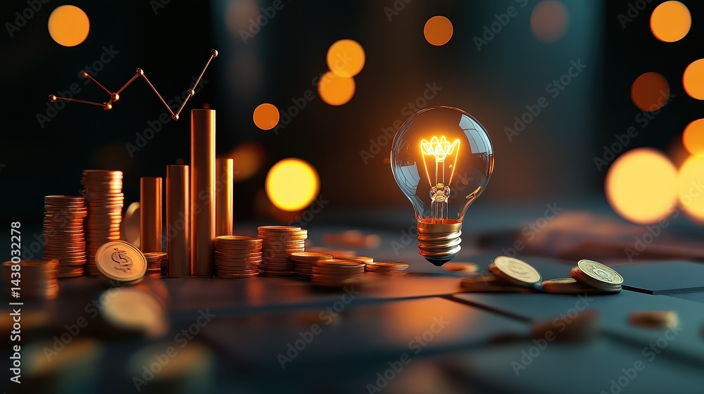 Coin and Light bulb shining over a graph, idea and business growth, 3D illustration.