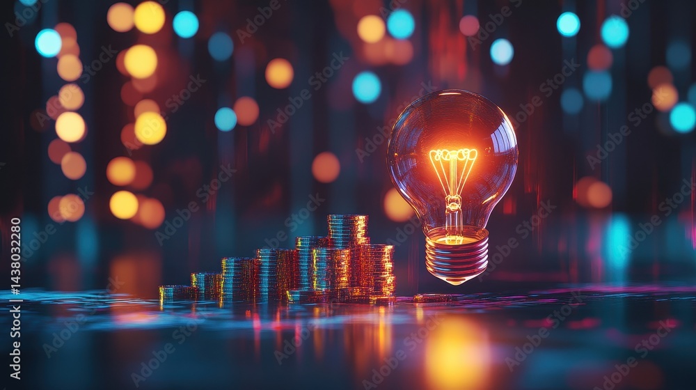 Coin and Light bulb shining over a graph, idea and business growth, 3D illustration.