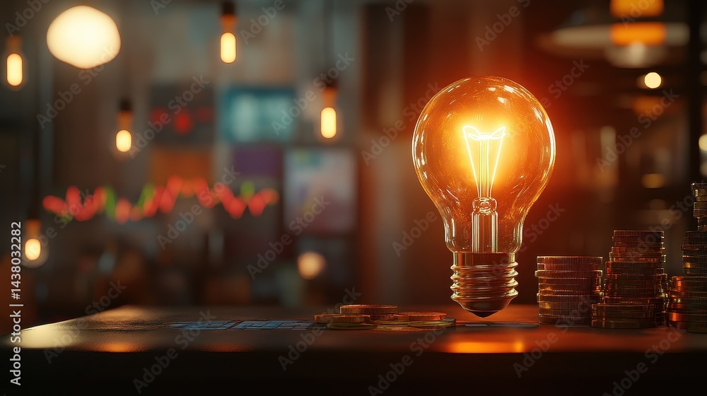 Coin and Light bulb shining over a graph, idea and business growth, 3D illustration.