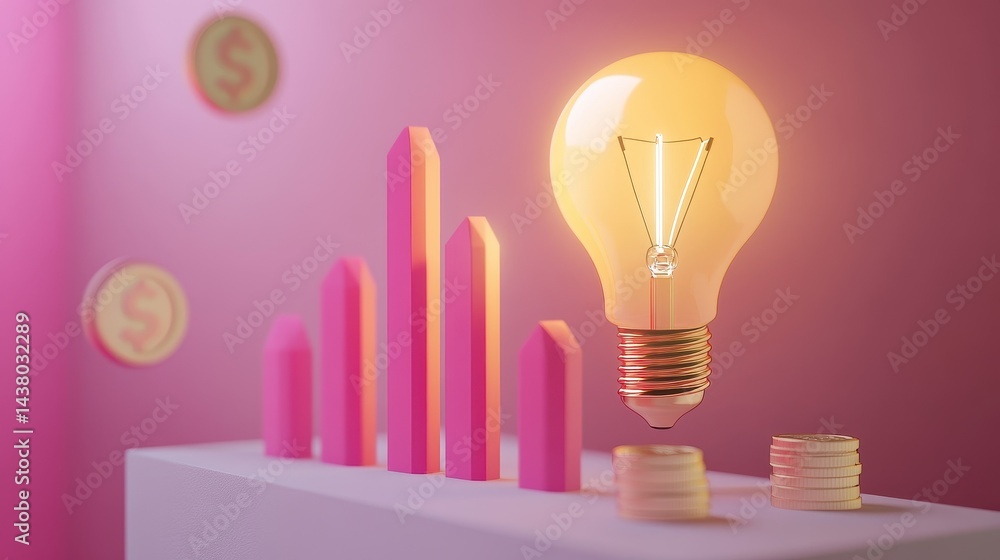 Coin and Light bulb shining over a graph, idea and business growth, 3D illustration.