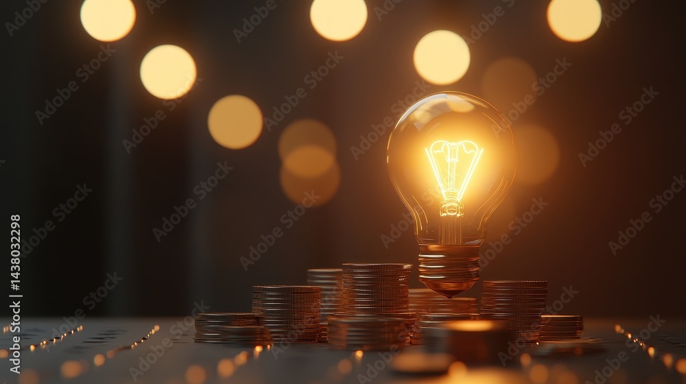 Coin and Light bulb shining over a graph, idea and business growth, 3D illustration.