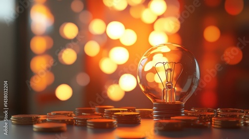 Obraz na płótnie Coin and Light bulb shining over a graph, idea and business growth, 3D illustration. w salonie