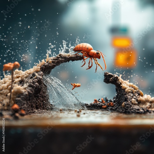 Obraz na płótnie A crab emerges from a stylized wave, surrounded by splashes, with a blurred urban backdrop creating a surreal scene. w salonie