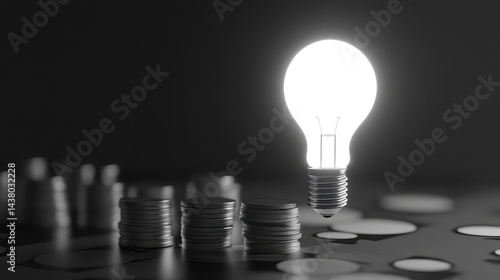 Obraz na płótnie Coin and Light bulb shining over a graph, idea and business growth, 3D illustration. w salonie