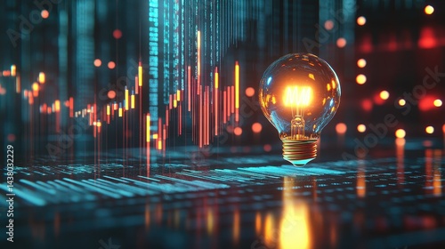Obraz na płótnie Coin and Light bulb shining over a graph, idea and business growth, 3D illustration. w salonie