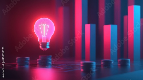 Obraz na płótnie Coin and Light bulb shining over a graph, idea and business growth, 3D illustration. w salonie