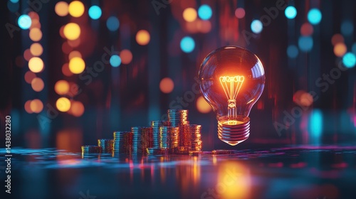 Obraz na płótnie Coin and Light bulb shining over a graph, idea and business growth, 3D illustration. w salonie