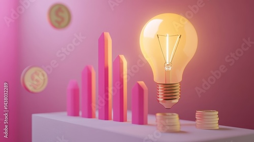 Obraz na płótnie Coin and Light bulb shining over a graph, idea and business growth, 3D illustration. w salonie