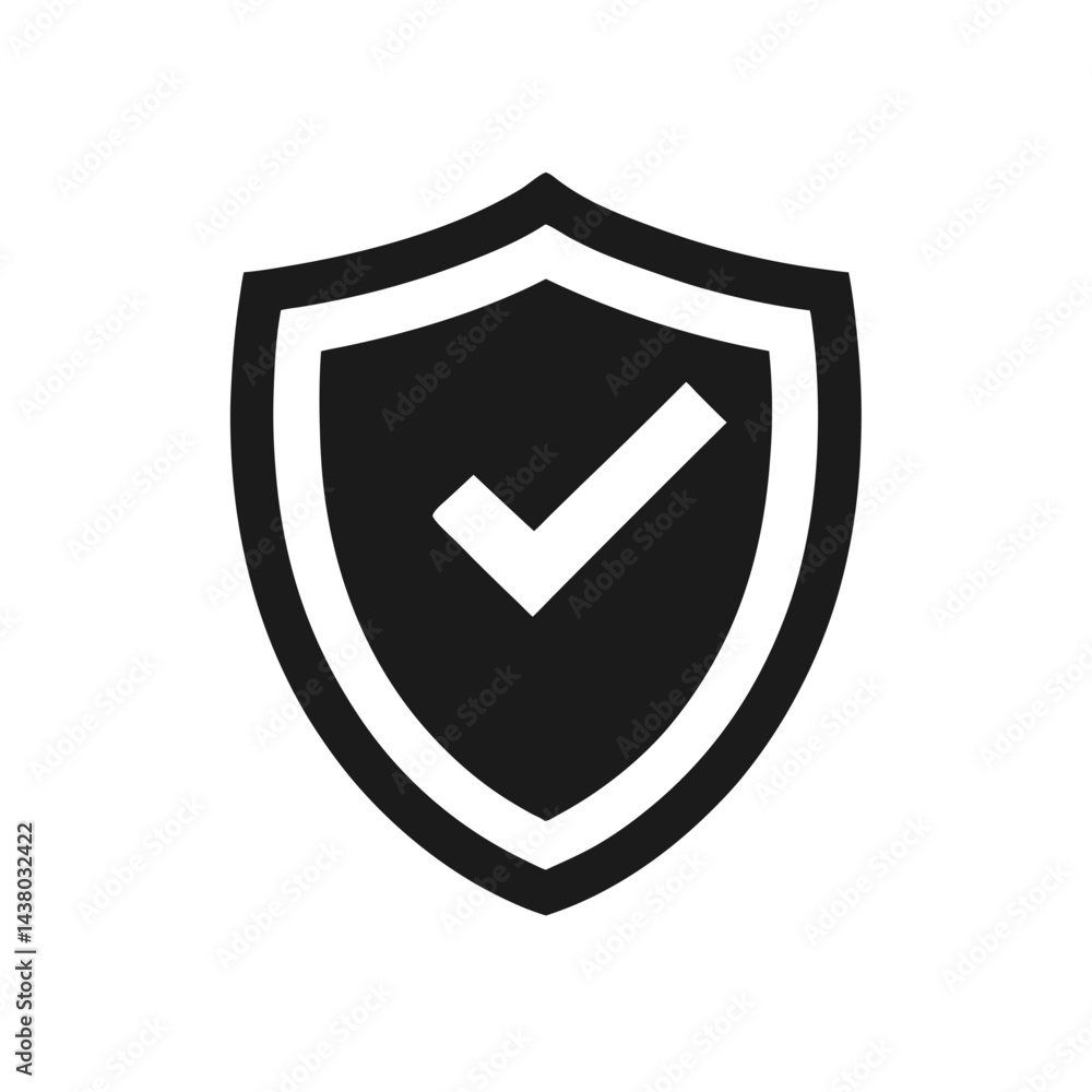 Shield with a checkmark icon silhouette, Security shield protected icon isolated on white background. Shield with a checkmark icon silhouette, Security shield protected icon isolated on white background.