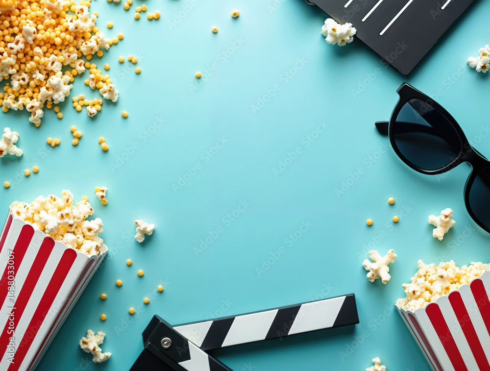 movie-themed scene with popcorn on blue background