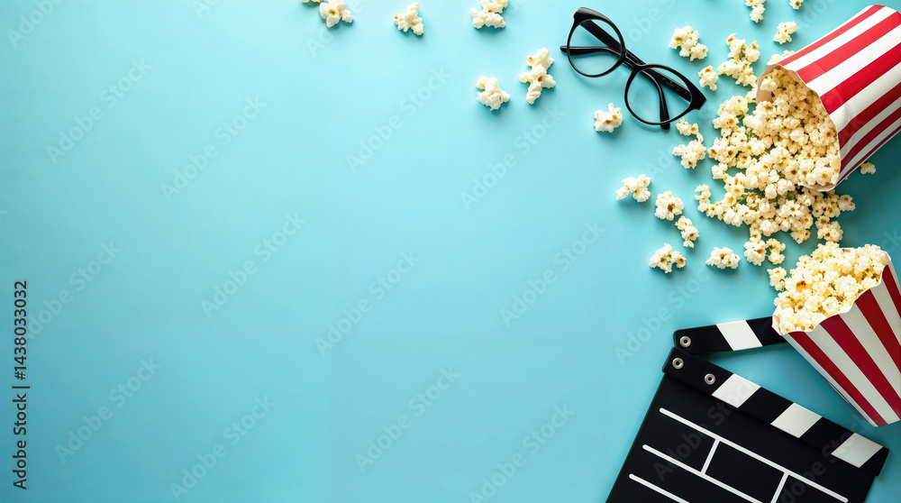 movie-themed scene with popcorn on blue background