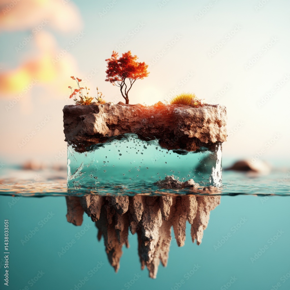 Floating island with a tree and vibrant underwater elements beneath a serene sky.