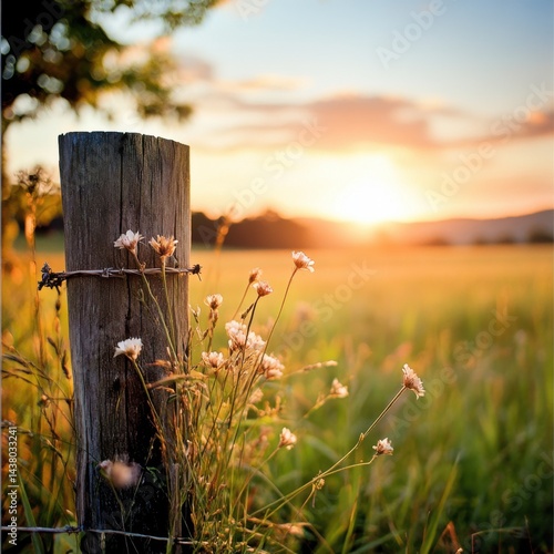 Sunset over a field with wildflowers and a rustic wooden post in the foreground, creating a serene rural atmosphere.