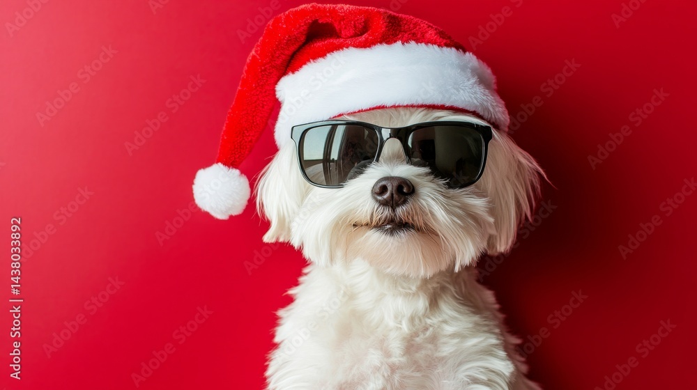 Dog on red background, merry christmas concept holiday winter animal pet greeting card - cool santa claus dog wearing sunglasses and christmas hat Dog on red background, merry christmas concept holiday winter animal pet greeting card - cool santa claus dog wearing sunglasses and christmas hat