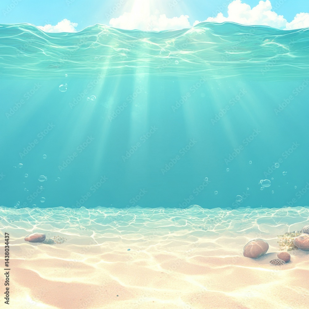 Underwater scene displaying sunlight filtering through the water, illuminating sandy ocean floor and bubbles.