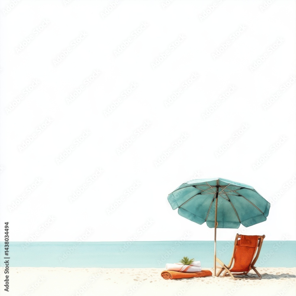 A beach scene featuring a colorful umbrella and chair on the sand, evoking relaxation and tranquility.