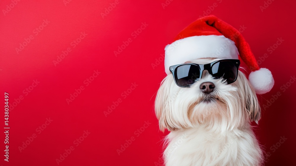 Dog on red background, merry christmas concept holiday winter animal pet greeting card - cool santa claus dog wearing sunglasses and christmas hat Dog on red background, merry christmas concept holiday winter animal pet greeting card - cool santa claus dog wearing sunglasses and christmas hat