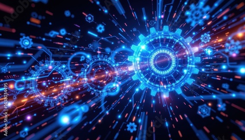 Futuristic Digital Technology with Gears and Data Streams in Motion