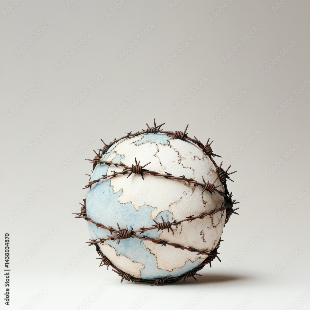A globe wrapped in barbed wire symbolizes conflict and division across the world.