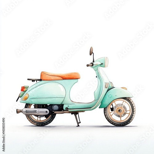 Vintage scooter illustration with a mint green body and orange seat, set against a plain background.