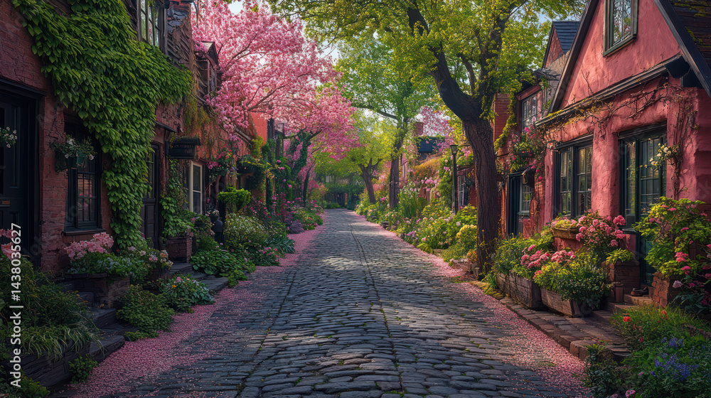 Naklejka premium Charming Residential Street with Lush Greenery