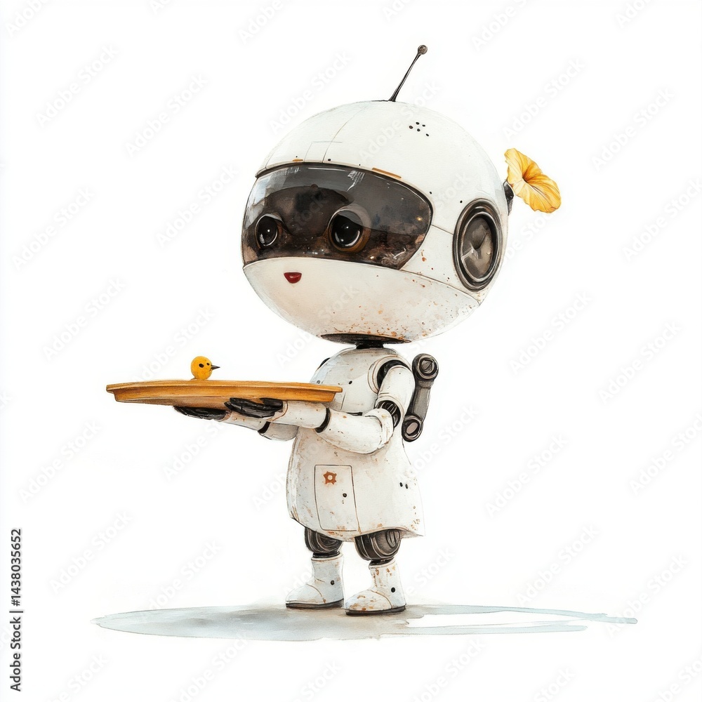 A cute robot character holds a tray, showcasing a whimsical combination of technology and charm.